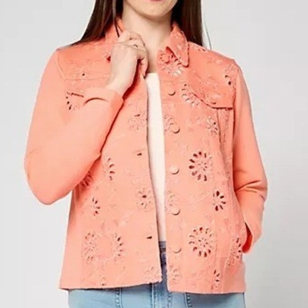 Belle Kim Gravel Eyelet Jacket Size Medium Creamsicle Flower Knit Sleeve A683209
